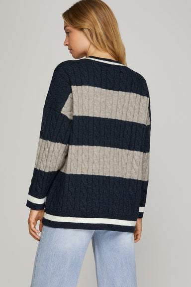 She + Sky Tops - Sweaters Final Sale Navy/Grey Striped Cable Knit Sweater