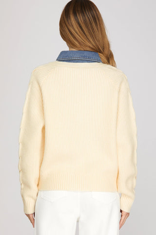 She + Sky Tops - Sweaters Long Sleeve Washed Denim Collared Sweater