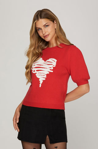 She + Sky Tops - Sweaters Sale Short Sleeve Sweater w/Heart Applique