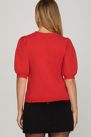 She + Sky Tops - Sweaters Sale Short Sleeve Sweater w/Heart Applique