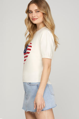 She + Sky Tops - Sweaters Short Sleeve Heart American Flag Sweater