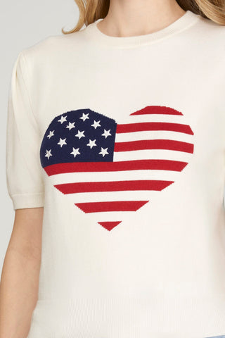 She + Sky Tops - Sweaters Short Sleeve Heart American Flag Sweater