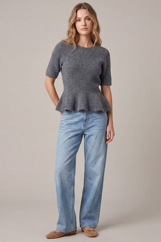 She + Sky Tops - Sweaters Short Sleeve Peplum Sweater Grey