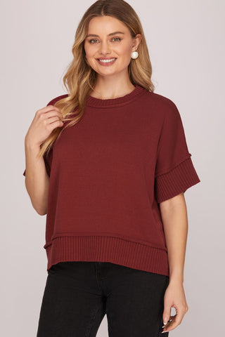 She + Sky Tops - Sweaters Sm Drop Half Sleeve Crew Neck Sweater Garnet