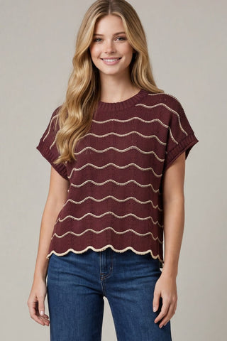 She + Sky Tops - Sweaters Sm Drop Short Sleeve Scallop Striped Pattern Knit Sweater