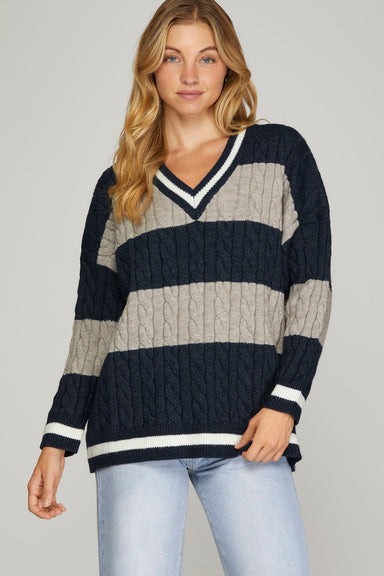 She + Sky Tops - Sweaters Sm Final Sale Navy/Grey Striped Cable Knit Sweater