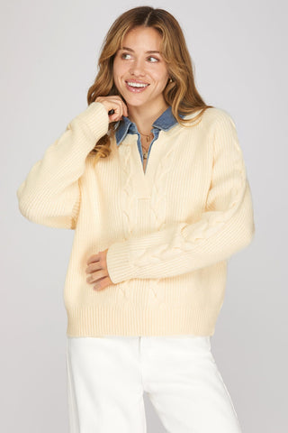 She + Sky Tops - Sweaters Sm Long Sleeve Washed Denim Collared Sweater