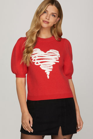 She + Sky Tops - Sweaters Sm Sale Short Sleeve Sweater w/Heart Applique
