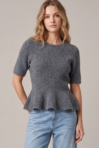 She + Sky Tops - Sweaters Sm Short Sleeve Peplum Sweater Grey