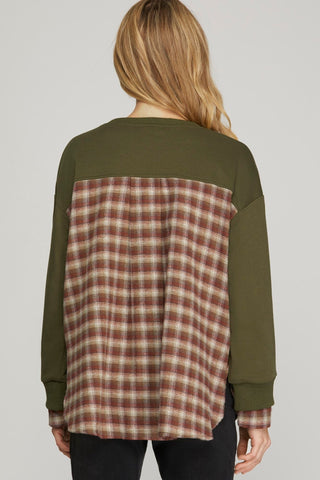She + Sky Tops - Sweatshirt Sale Long Sleeve Sweatshirt w/Contrast Plaid Top