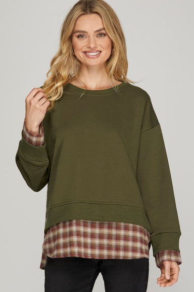 She + Sky Tops - Sweatshirt Sm Sale Long Sleeve Sweatshirt w/Contrast Plaid Top