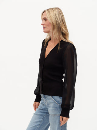 Six Fifty Clothing Tops - Sweaters Celeste Button-Down Sweater w/Sheer Sleeves