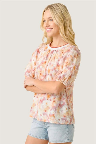 Staccato Tops - Blouse Color Knit Band Neck Bubble Sleeve Floral Print Top