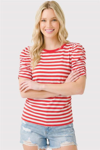 Staccato Tops - Blouse Gathered Half Sleeve Striped Knit Top