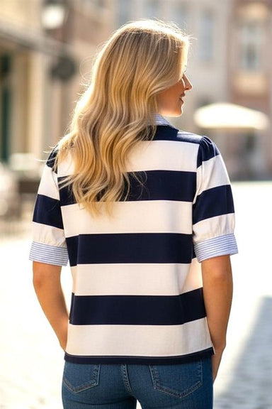 Staccato Tops - Blouse Half Puff Sleeve Rugby Striped w/Pinstripe Contrast Navy/White