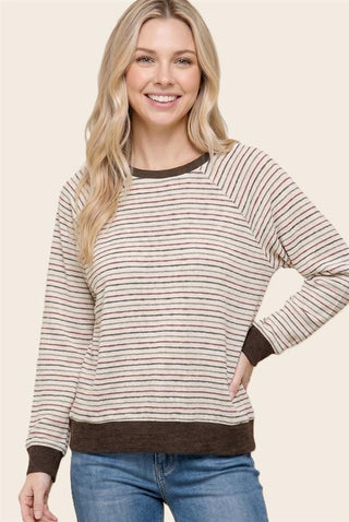 Staccato Tops - Pullover Raglan Sleeve Crew Neck Striped Top