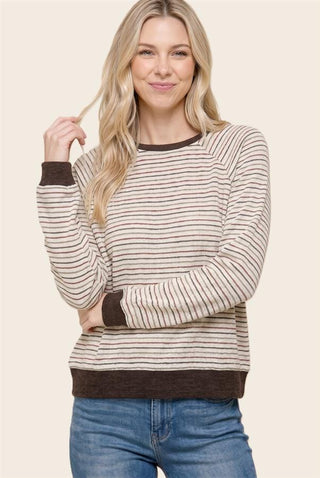 Staccato Tops - Pullover Raglan Sleeve Crew Neck Striped Top