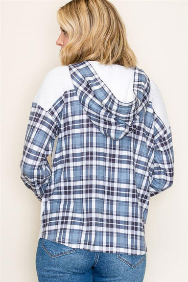 Staccato Tops - Pullover Sale Waffle Knit Long Sleeve Hoodie w/Plaid Contrast