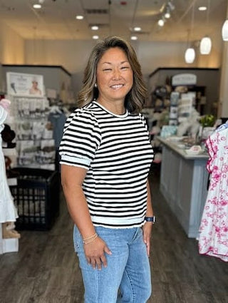 Staccato Tops - Sweaters Crew Neck Puff Sleeve Striped Sweater Black