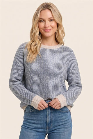 Staccato Tops - Sweaters Indigo Color Mixed Rib Crew Neck Sweater