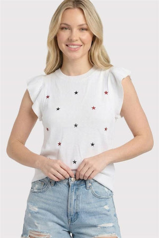 Staccato Tops - Sweaters July 4th Star Embroidered Ruffle Sleeve Sweater