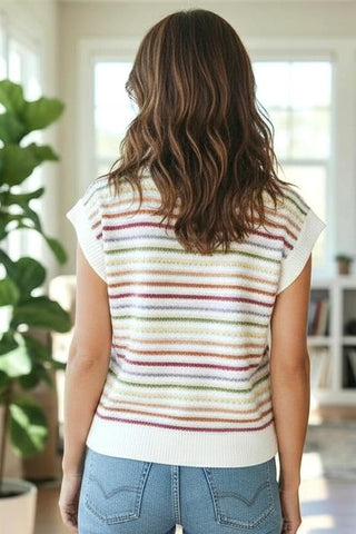 Staccato Tops - Sweaters Short Sleeve Multi-Color Crochet Striped Crew Neck Sweater