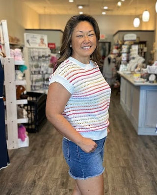 Staccato Tops - Sweaters Short Sleeve Multi-Color Crochet Striped Crew Neck Sweater