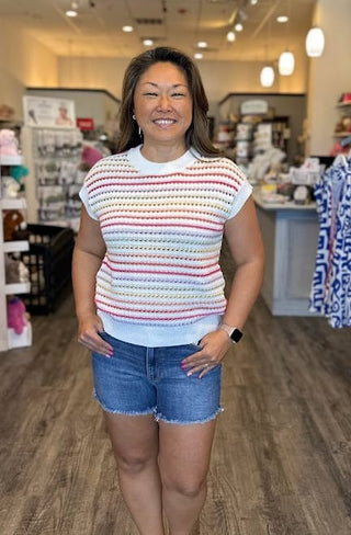 Staccato Tops - Sweaters Short Sleeve Multi-Color Crochet Striped Crew Neck Sweater