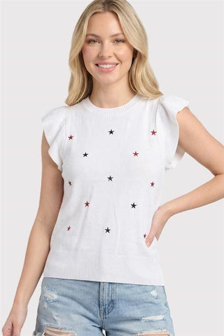 Staccato Tops - Sweaters Sm July 4th Star Embroidered Ruffle Sleeve Sweater