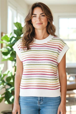 Staccato Tops - Sweaters Sm Short Sleeve Multi-Color Crochet Striped Crew Neck Sweater