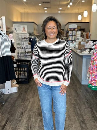 Staccato Tops - Sweaters Sm Striped Crew Neck Sweater w/Accent Color Black/Orange