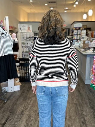 Staccato Tops - Sweaters Striped Crew Neck Sweater w/Accent Color Black/Orange