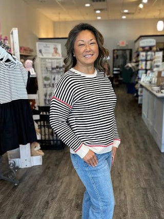 Staccato Tops - Sweaters Striped Crew Neck Sweater w/Accent Color Black/Orange