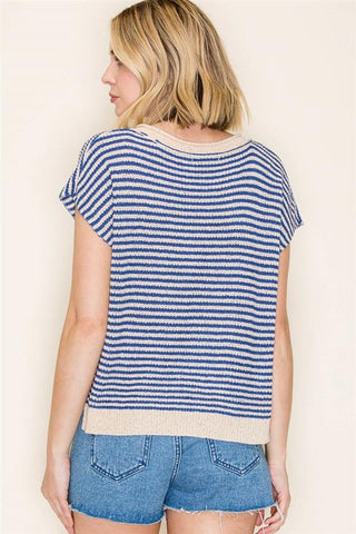 Staccato Tops - Sweaters Striped Split Neck Short Sleeve Sweater