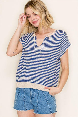 Staccato Tops - Sweaters Striped Split Neck Short Sleeve Sweater