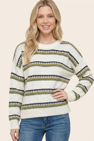 Staccato Tops - Sweaters Textured Striped Long Sleeve Sweater Teal/Olive