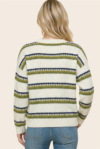 Staccato Tops - Sweaters Textured Striped Long Sleeve Sweater Teal/Olive