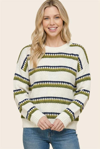 Staccato Tops - Sweaters Textured Striped Long Sleeve Sweater Teal/Olive