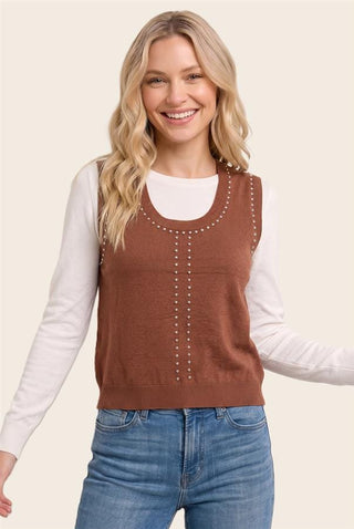 Staccato Tops - Vest Stud Trim Scoop Neck Sweater Vest