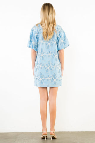 THML Dresses Puff Sleeve Embroidered Dress w/Ruffle Collar