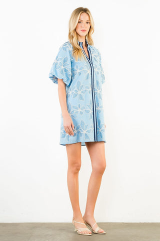 THML Dresses Puff Sleeve Embroidered Dress w/Ruffle Collar