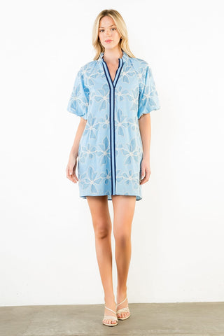 THML Dresses Puff Sleeve Embroidered Dress w/Ruffle Collar