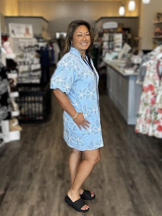 THML Dresses Puff Sleeve Embroidered Dress w/Ruffle Collar