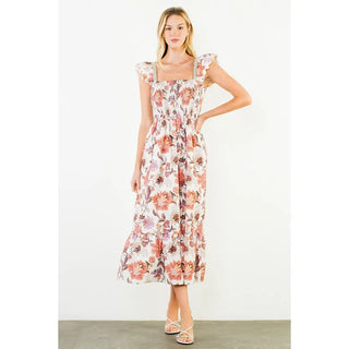 THML Dresses Ruffled Sleeve Floral Midi Dress