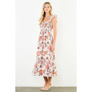THML Dresses Ruffled Sleeve Floral Midi Dress