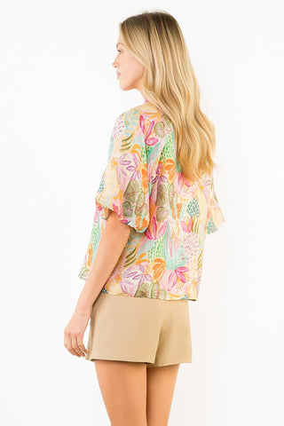 THML Tops - Blouse Bubble Sleeve Floral Printed V-Neck Top