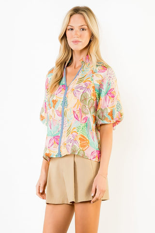 THML Tops - Blouse Bubble Sleeve Floral Printed V-Neck Top