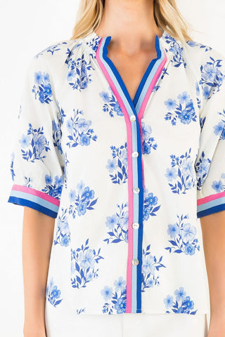 THML Tops - Blouse Button Down Blue Floral Print Top