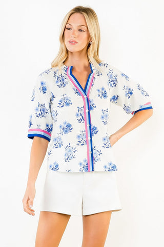 THML Tops - Blouse Button Down Blue Floral Print Top