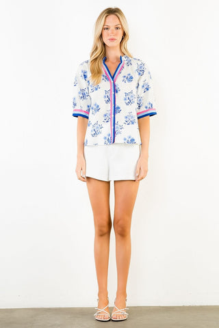 THML Tops - Blouse Button Down Blue Floral Print Top